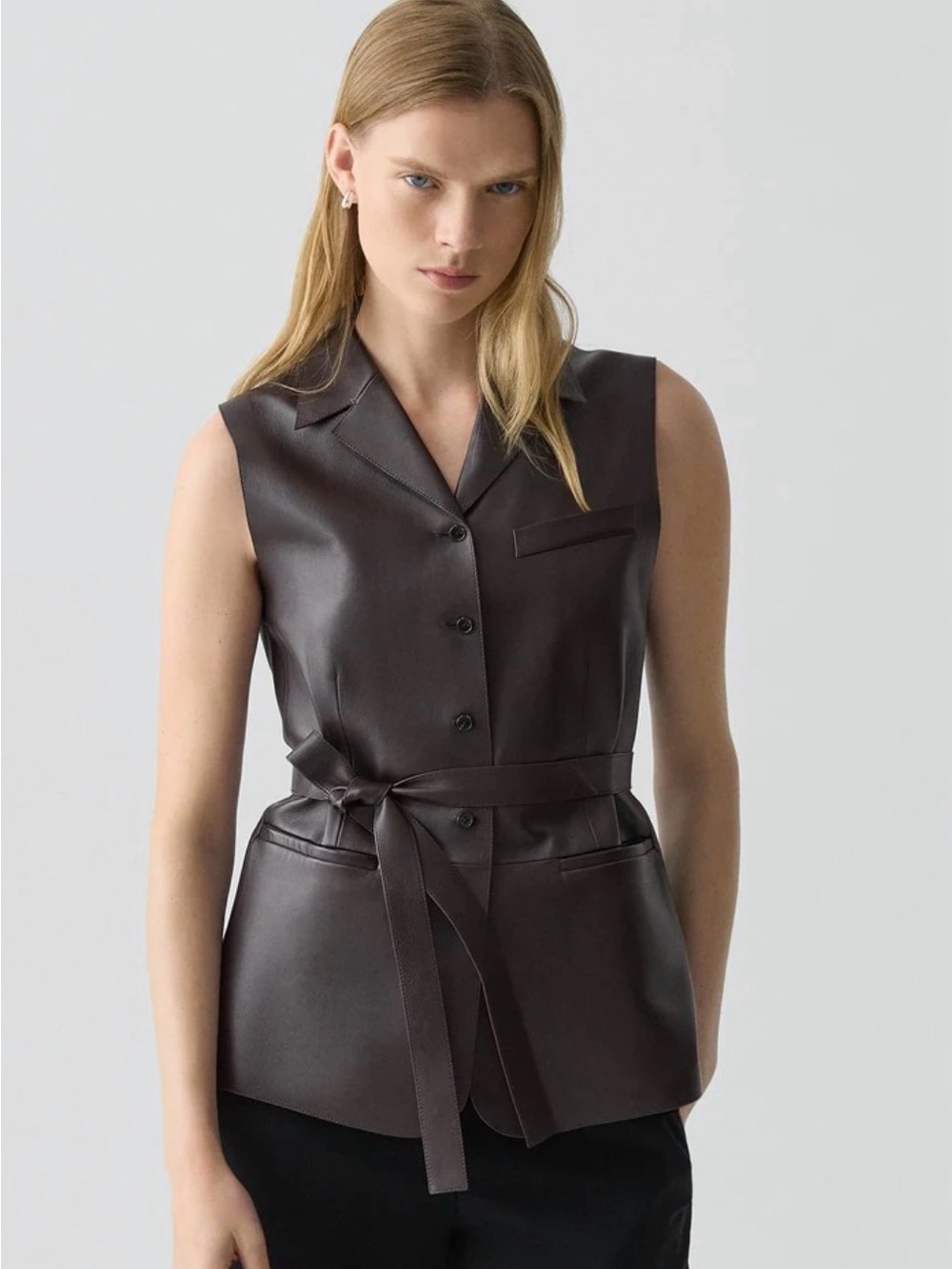 Theory Tie Waist Vest in Sleek Leather - Brand New